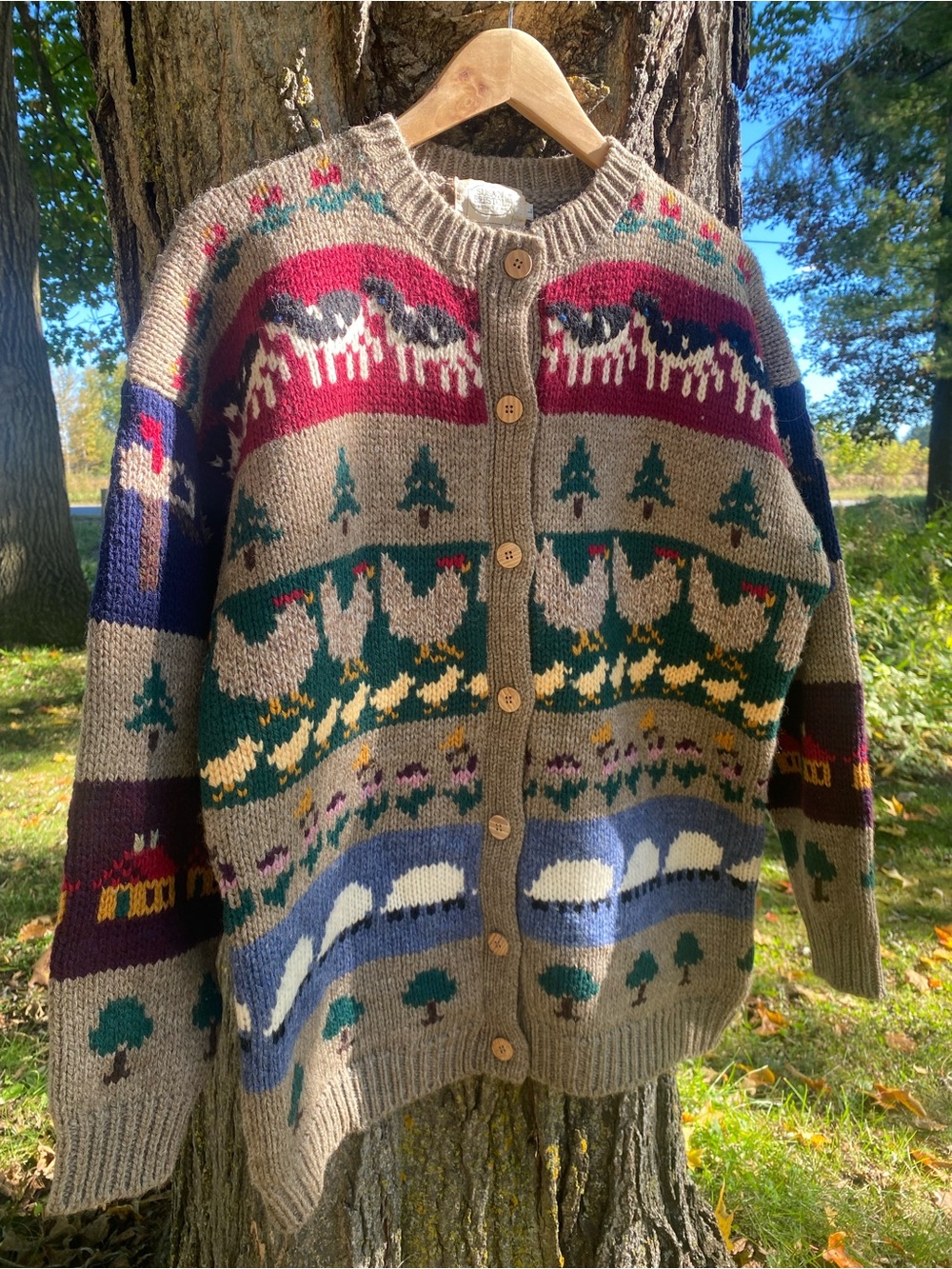 SUSAN BRISTOL VINTAGE cow, chicken, sheep farm knit button front wool sweater